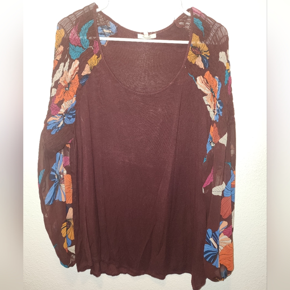 Maurices burgundy blouse with floral sleeves, size 2